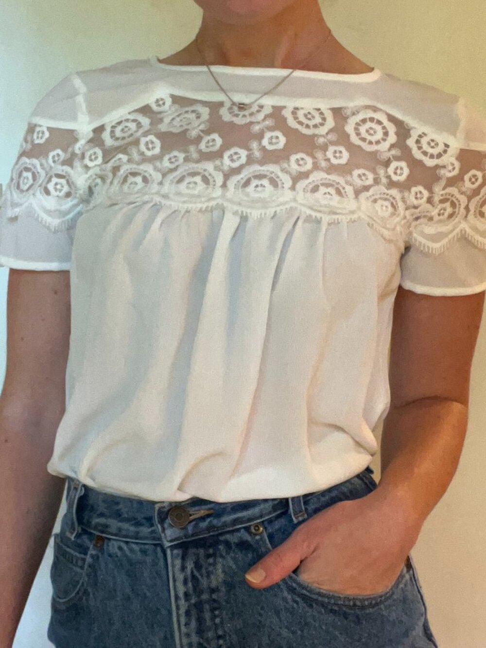 Boutique White Eyelet Lace Romantic Blouse, Boho Feminine, Size Small